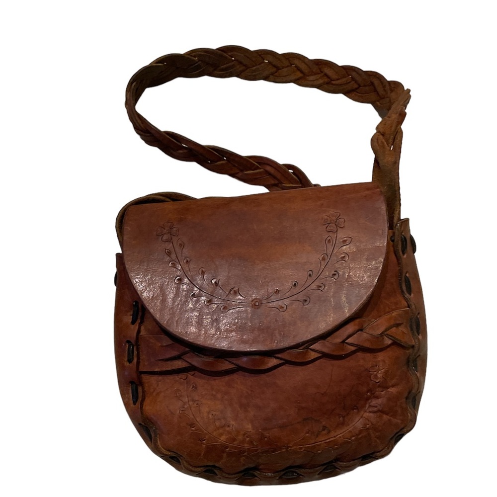 Vintage 70’s Large Leather Tooled Shoulder Bag with Braided Strap